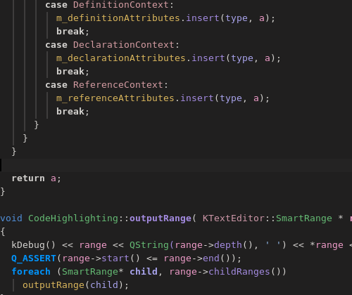 highlighting in kdevelop with dark color scheme